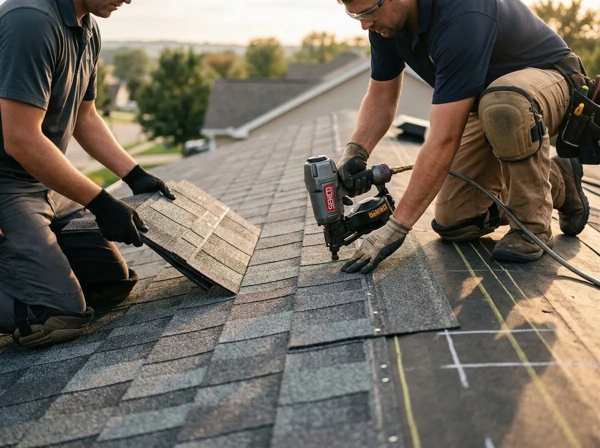 Professional roofer working on a residential roof in Livingston